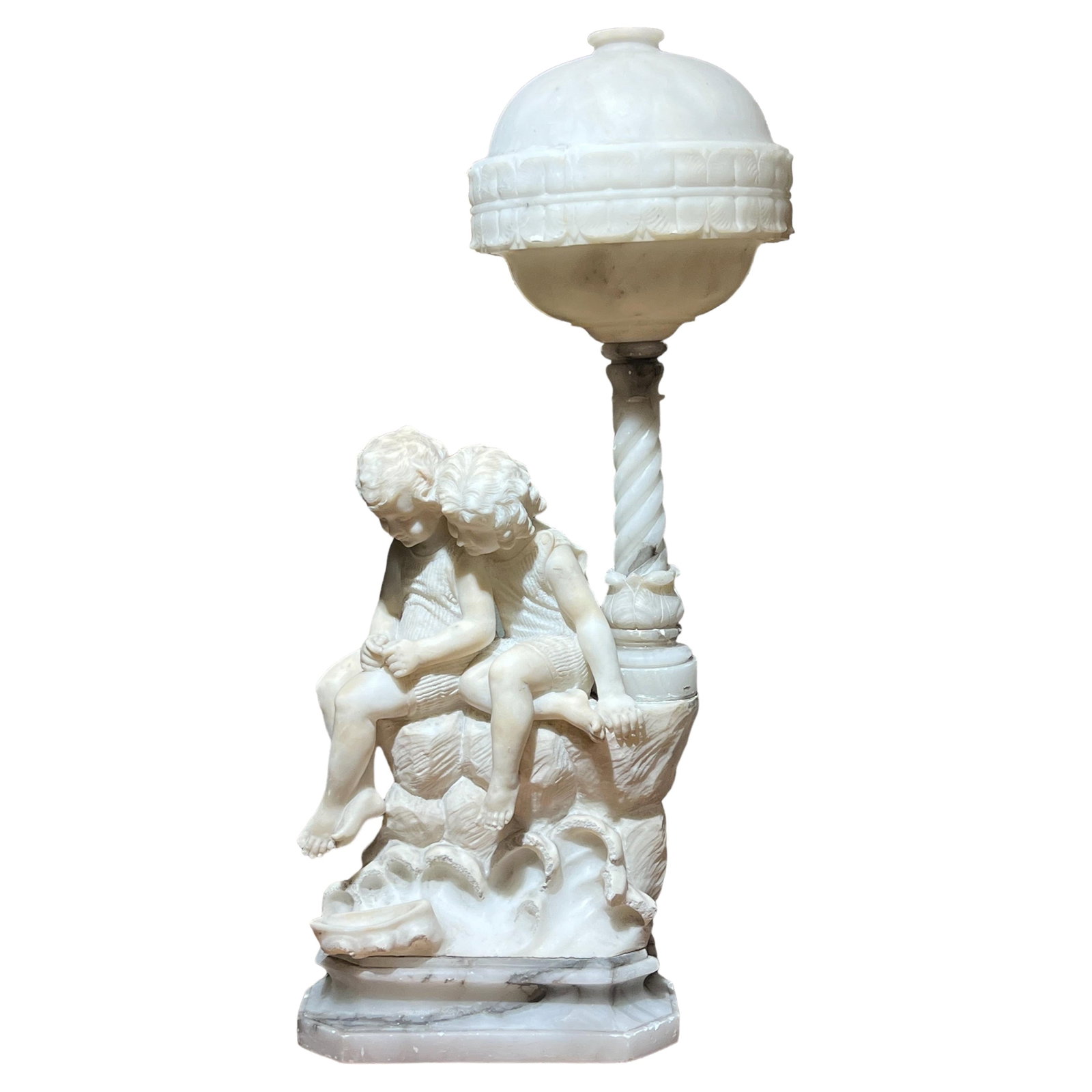 Italian Alabaster Art Deco Lamp Sculpted by Gaspar Mascagni: Italian Alabaster Art Deco Lamp Sculpted by Gaspar Mascagni This Art Deco Italian alabaster lamp is a finely hand-carved piece attributed to Gaspar Mascagni, depicting a young boy and girl. Signed by 
