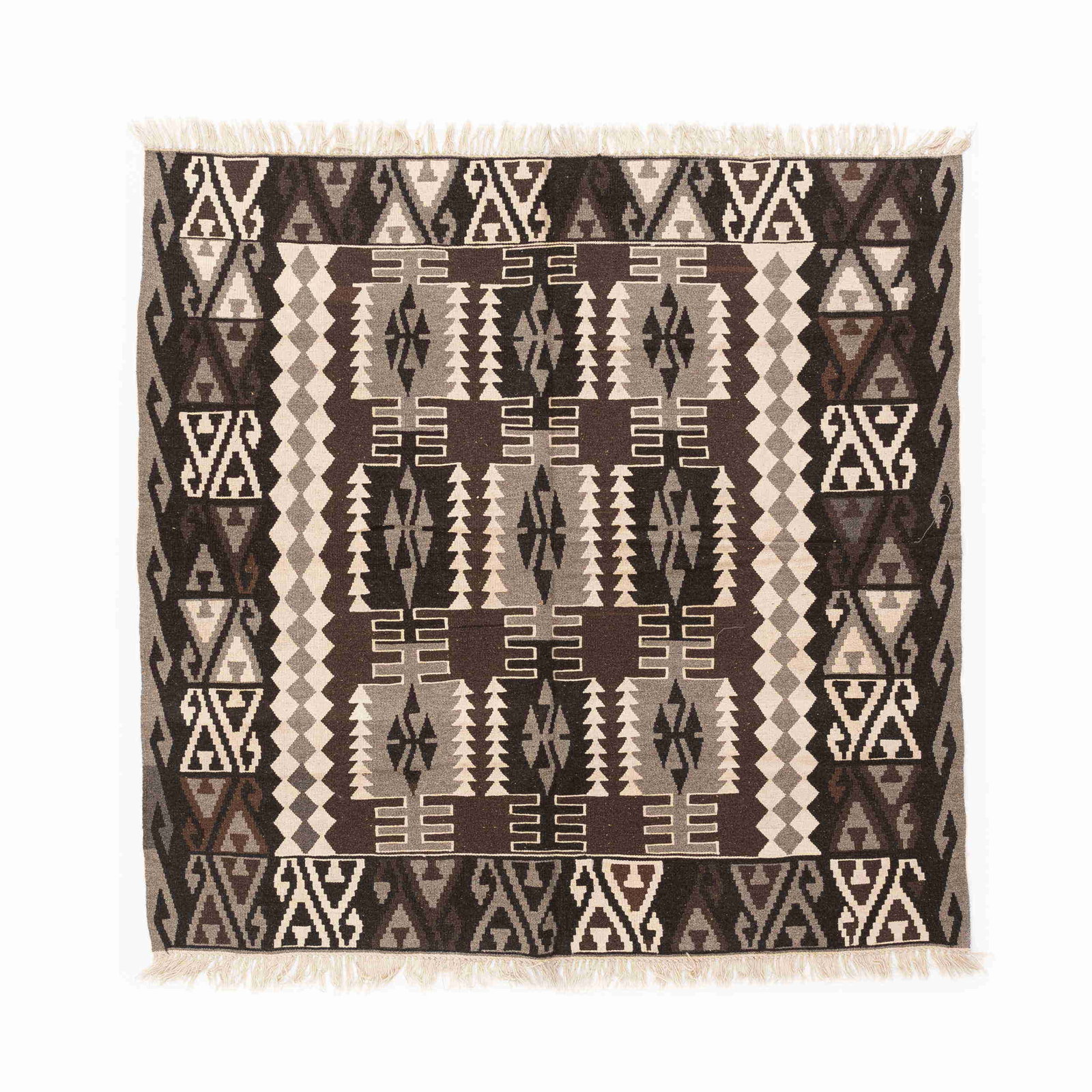 Authentic Handmade Kayseri Wool On Wool Kilim 74.8x74.8: Authentic Handmade Kayseri Wool On Wool Kilim 74.8x74.8 Experience the exquisite craftsmanship of this authentic handmade Kayseri kilim, meticulously woven from high-quality wool on wool. Originating 