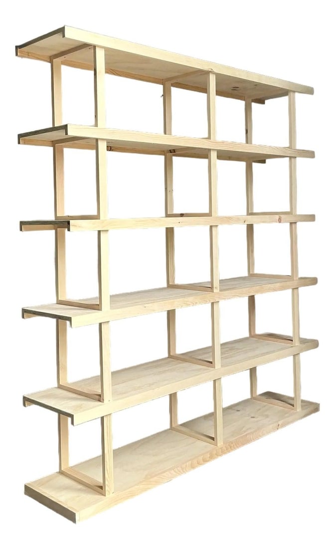 Light Pine Open Shelf Bohemian Style Etagere with Geometric Design: Light Pine Open Shelf Bohemian Style Etagere with Geometric Design This vintage pine etagere features a minimalist design with bohemian warmth, crafted from light-toned pine wood. Its open, geometric 