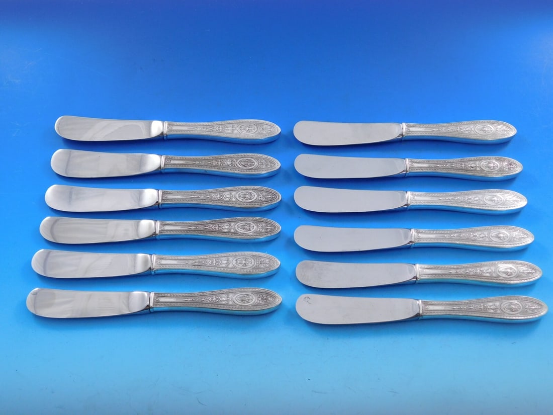 Wedgwood Pattern Sterling Silver Butter Spreader Set 12 pcs by International Silver: Wedgwood Pattern Sterling Silver Butter Spreader Set 12 pcs by International Silver This exquisite set of 12 butter spreaders features the elegant Wedgwood pattern by International Silver. Each spread