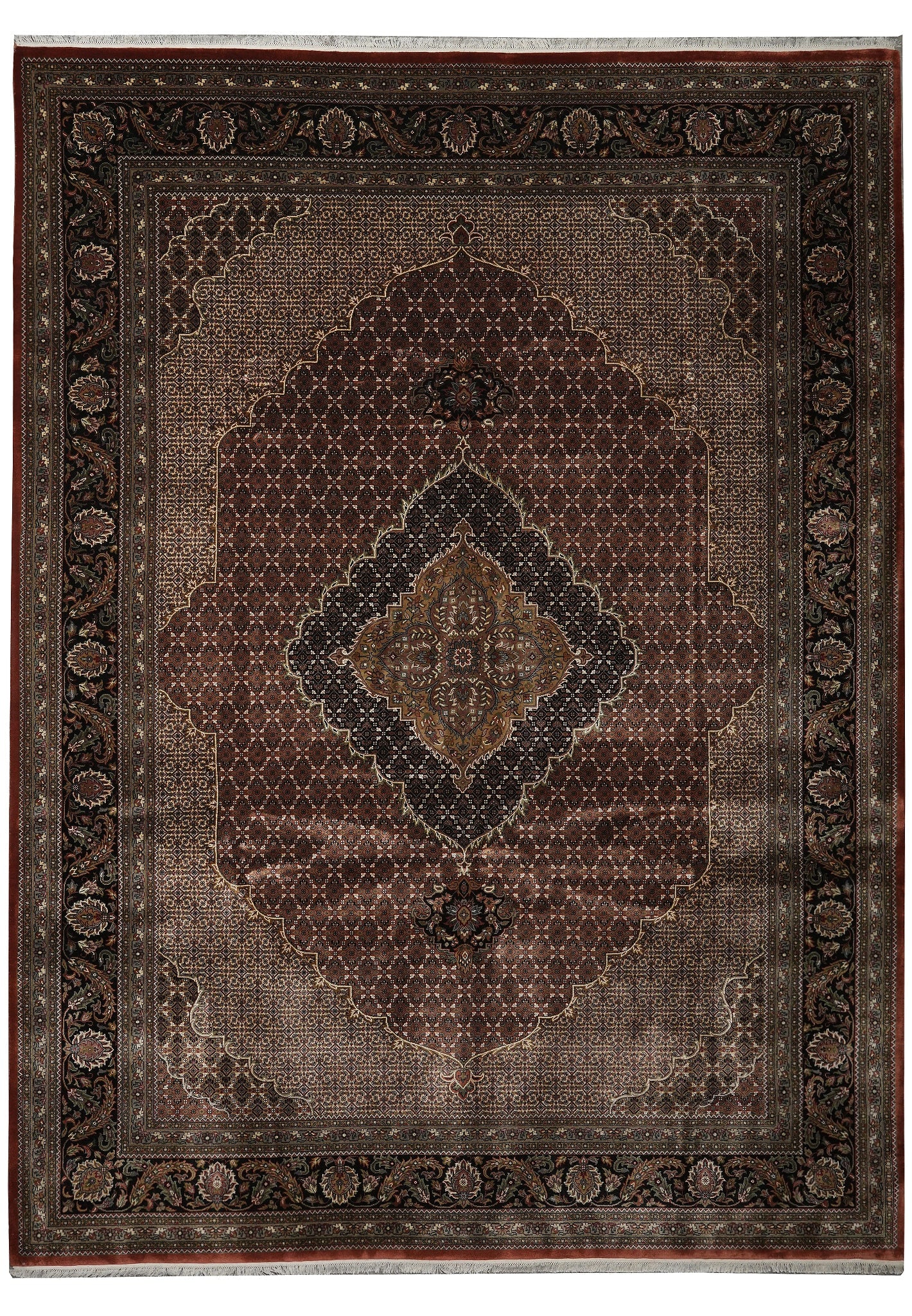 10 x 13 Fine Quality Wool and Silk Mahi Tabriz Rug Rust: 10 x 13 Fine Quality Wool and Silk Mahi Tabriz Rug Rust Free continental US Shipping Fine quality Mahi Tabriz rug in wool and silk with a rust colorway. This un-used rug offers a classic design and re