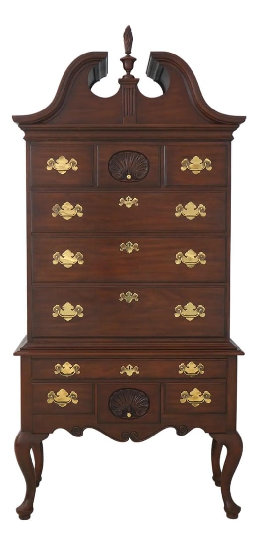 Three-Piece Cherry Highboy Chest With Queen Anne Legs: Three-Piece Cherry Highboy Chest With Queen Anne Legs This Henkel Harris Philadelphia Highboy Chest is a three-piece construction crafted from cherry wood with dovetail drawer construction, showcasing