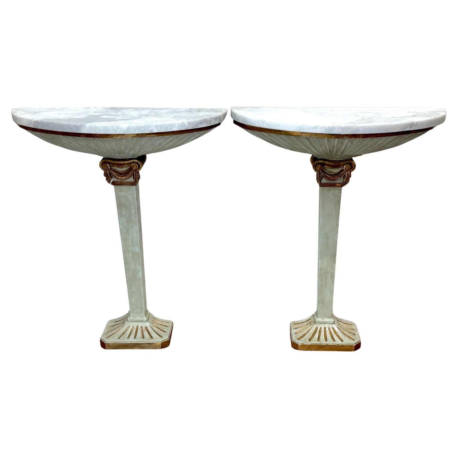 Set of 2 Pallido Neoclassical Giltwood Marble Console Tables Italy 1950s: Set of 2 Pallido Neoclassical Giltwood Marble Console Tables Italy 1950s This exquisite pair of Neoclassical stylized urn console tables from Pallido, Italy, captures the elegance of mid-century desig
