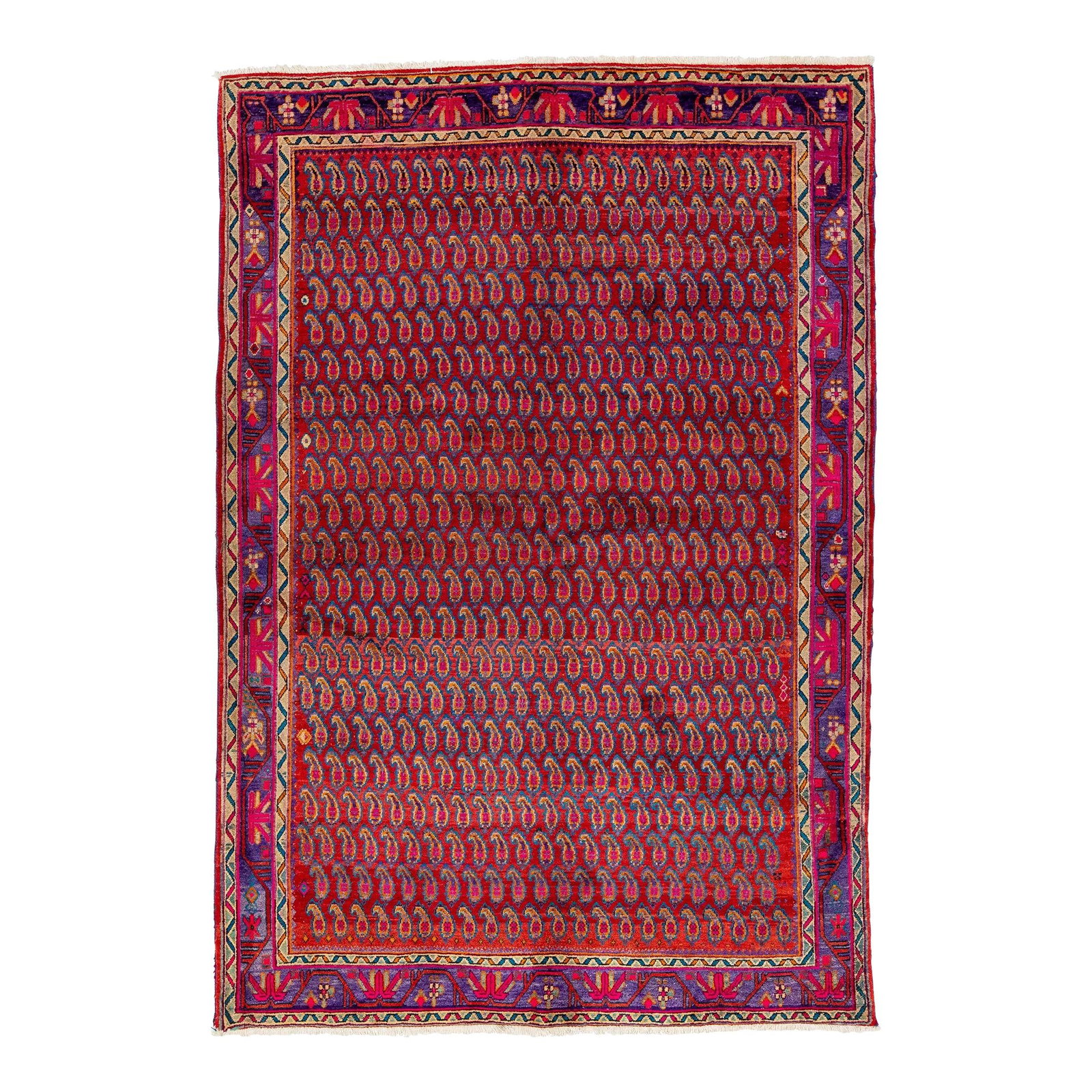 1960s Handmade Persian Shiraz Wool Rug Red Boteh Design 5'8 x 8'3: 1960s Handmade Persian Shiraz Wool Rug Red Boteh Design 5'8 x 8'3 This exquisite vintage Persian Shiraz rug showcases a rich red background adorned with a vibrant allover Boteh motif, expertly hand-kn