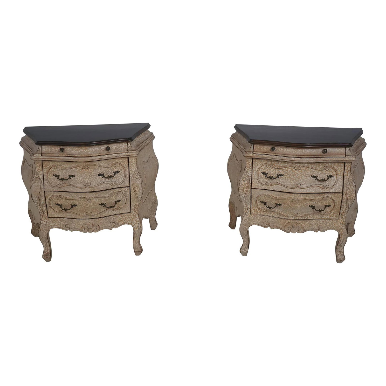 Italian Pair of Crackle Finish Nightstands with Carved Details: Italian Pair of Crackle Finish Nightstands with Carved Details This elegant pair of Italian commode nightstands showcases a charming crackle finish that adds character to any bedroom. Crafted approxim