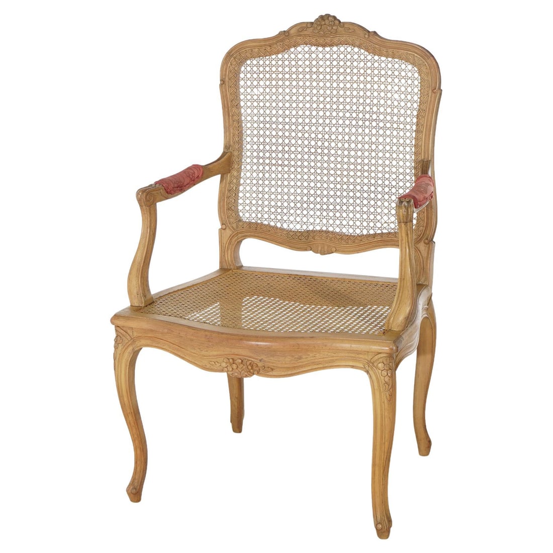 Antique French Louis XV Arm Chair Fruitwood Cane Circa 1900: Antique French Louis XV Arm Chair Fruitwood Cane Circa 1900 This exquisite antique French Louis XV style armchair, crafted circa 1900, features a beautifully carved fruitwood frame that highlights the