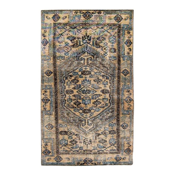 Vintage Persian Handmade Tan Wool Rug 4' x 6'8: Vintage Persian Handmade Tan Wool Rug 4' x 6'8 This exquisite vintage Persian rug showcases a distressed, hand-knotted wool construction, featuring a warm tan color field. It is beautifully framed in 