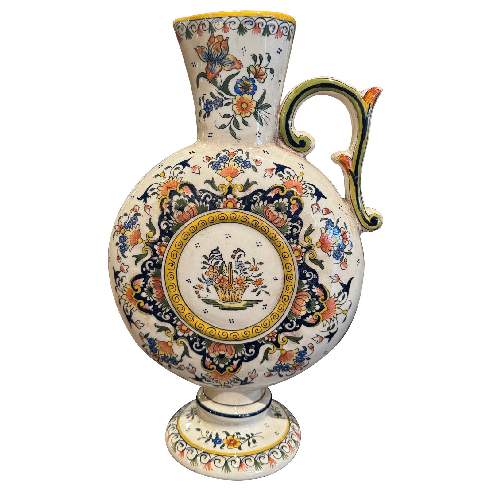 Rouen Faience Hand Painted Ceramic Ewer circa 1960: Rouen Faience Hand Painted Ceramic Ewer circa 1960 This mid-century French hand-painted Rouen faience ewer from Normandy, crafted circa 1960, exemplifies traditional Norman artistry. The sculptural ce