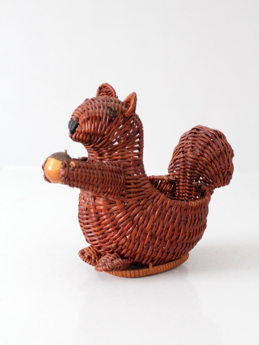 Woodland Squirrel Wicker Catchall Basket Vintage Brown: Woodland Squirrel Wicker Catchall Basket Vintage Brown Vintage wicker squirrel basket with a sculptural woodland form and charming acorn detail. Woven in warm brown wicker, it can be used as a decorat