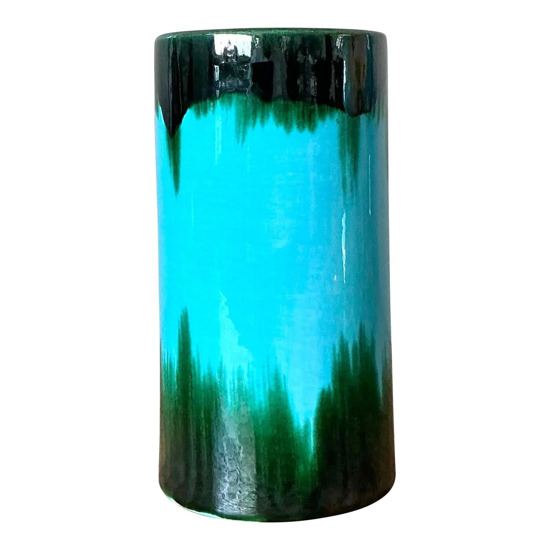 8 Inch Teal and Emerald Drip Glaze Bohemian Ceramic Vase: 8 Inch Teal and Emerald Drip Glaze Bohemian Ceramic Vase This vintage Boho glazed ceramic vase features a striking drip glaze in vibrant teal and deep emerald green, forming a dynamic organic pattern 