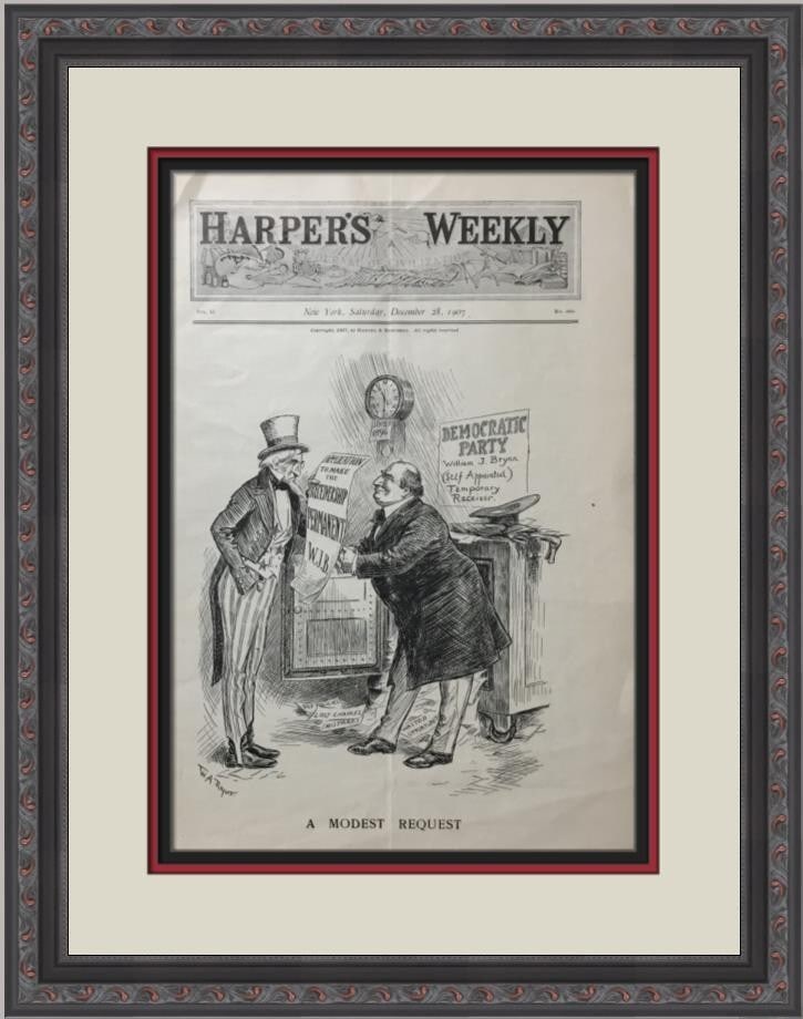 Harper's Weekly 1907 Newspaper Custom Framed with Engraving: Harper's Weekly 1907 Newspaper Custom Framed with Engraving This original 1907 edition of Harper's Weekly features a modest request and comes with a beautifully custom framed presentation. The newspap