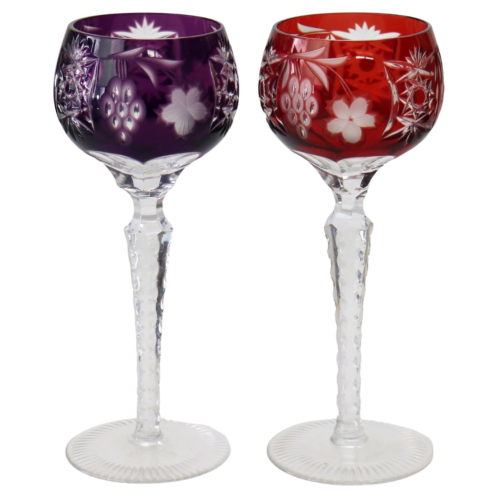 Set of 2 Bohemian Cut to Clear Crystal Wine Glasses Floral Grape Design: Set of 2 Bohemian Cut to Clear Crystal Wine Glasses Floral Grape Design This pair of antique Bohemian cut-to-clear crystal tall wine stem glasses features elegant floral and grape motifs. Each glass i
