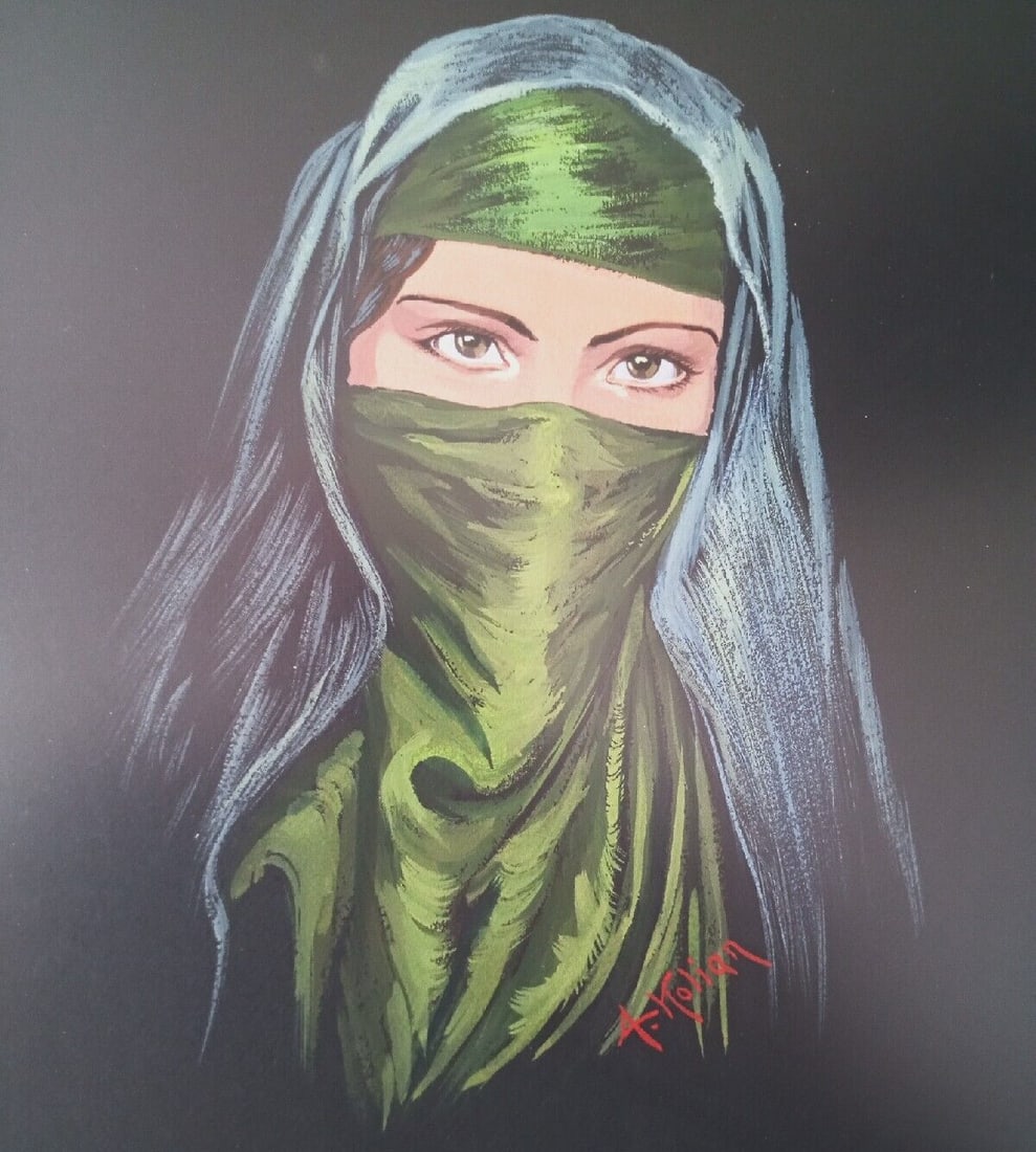 Signed watercolor portrait of veiled Middle Eastern girl 10.25 x 14.50 (1 of 7)