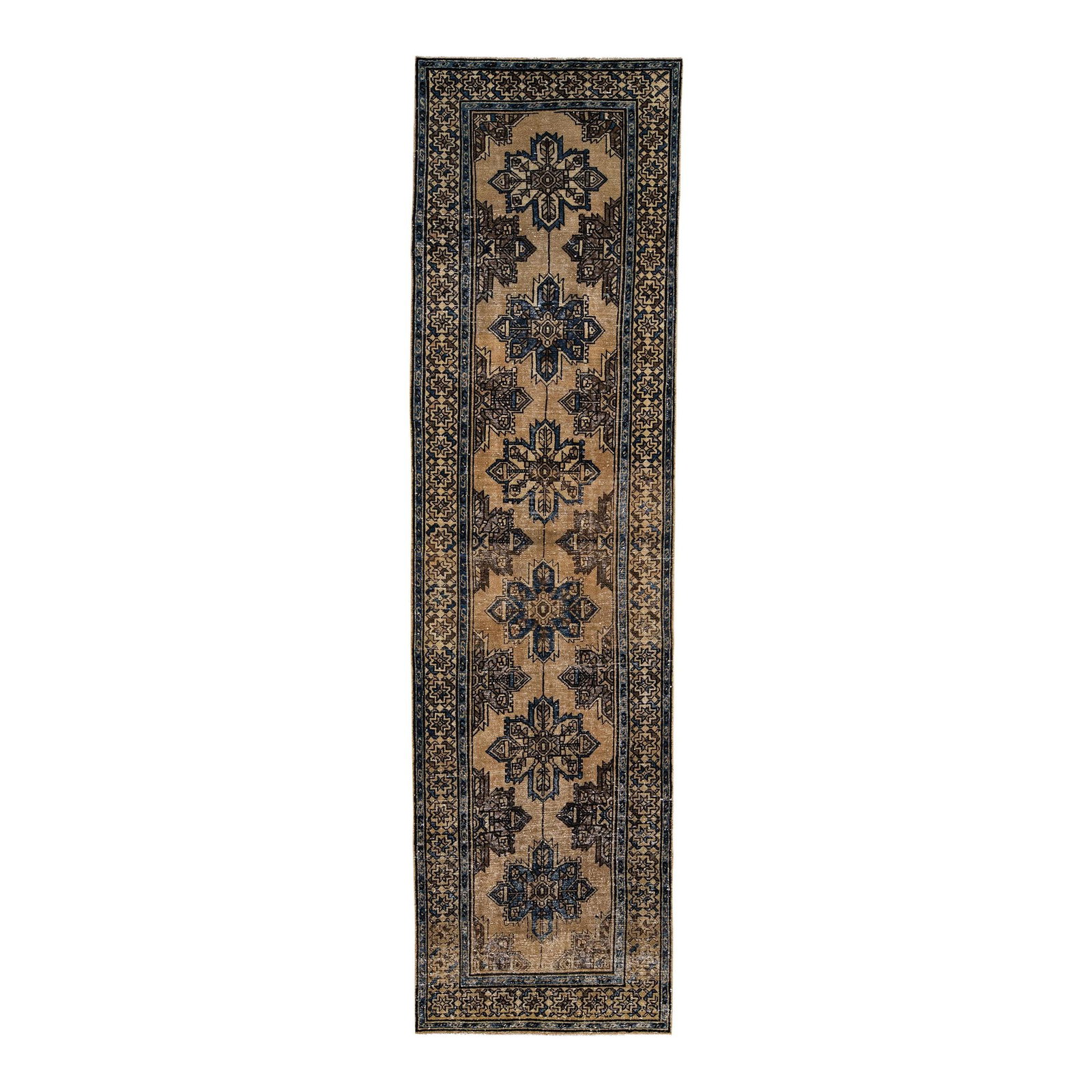 Vintage Persian Handmade Wool Runner Brown Tribal Design 3'7" x 12'10": Vintage Persian Handmade Wool Runner Brown Tribal Design 3'7" x 12'10" This stunning mid-20th century vintage Persian runner features a rich brown field adorned with blue accents, showcasing an intric