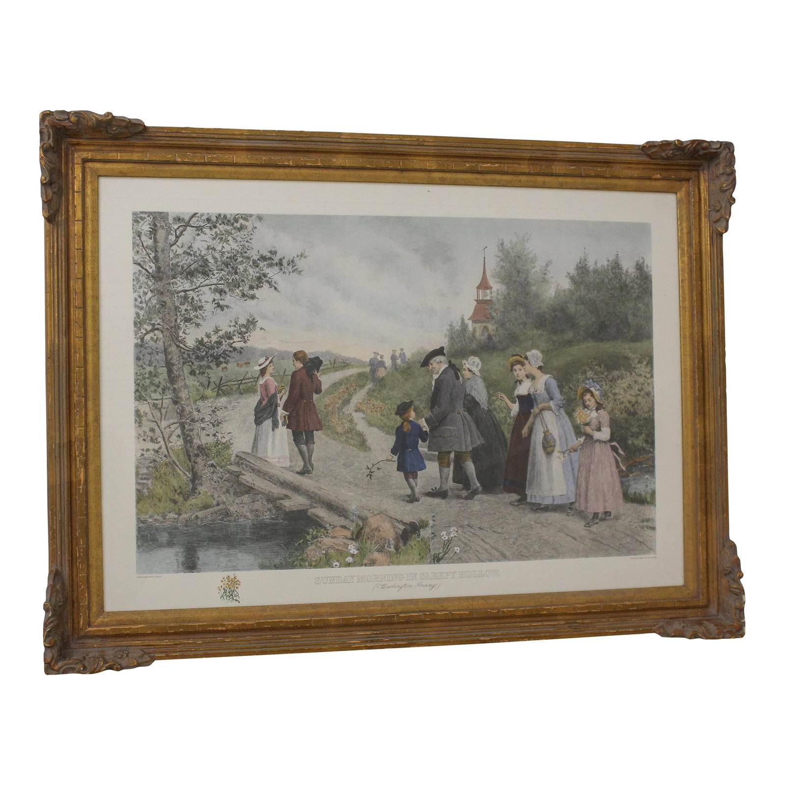Vintage Framed Engraving Sunday Morning Sleepy Hollow Gold Frame 100 Years Old (1 of 10)