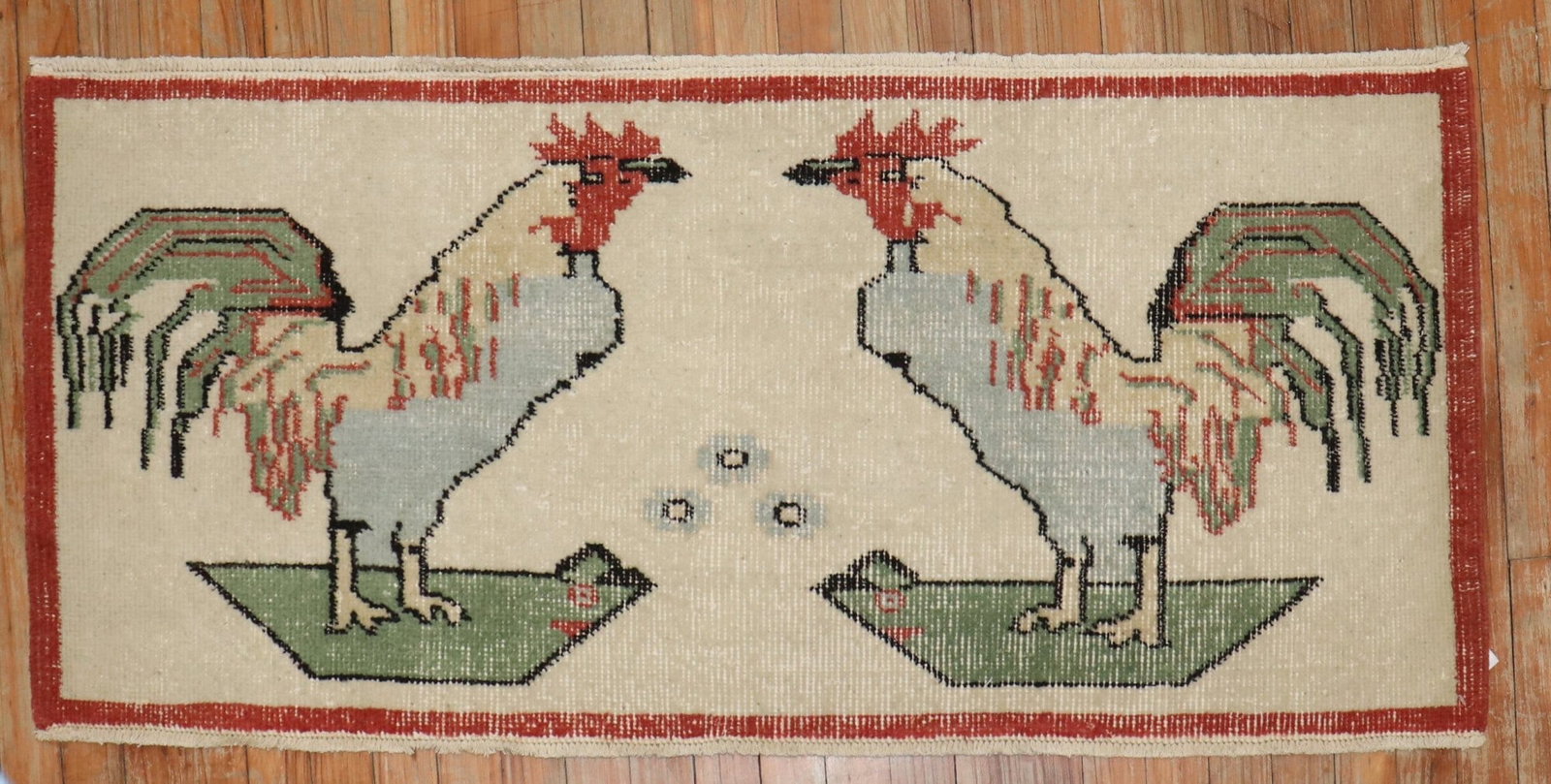 1' 10" x 4' 4" Turkish pictorial mat with 2 roosters (1 of 5)