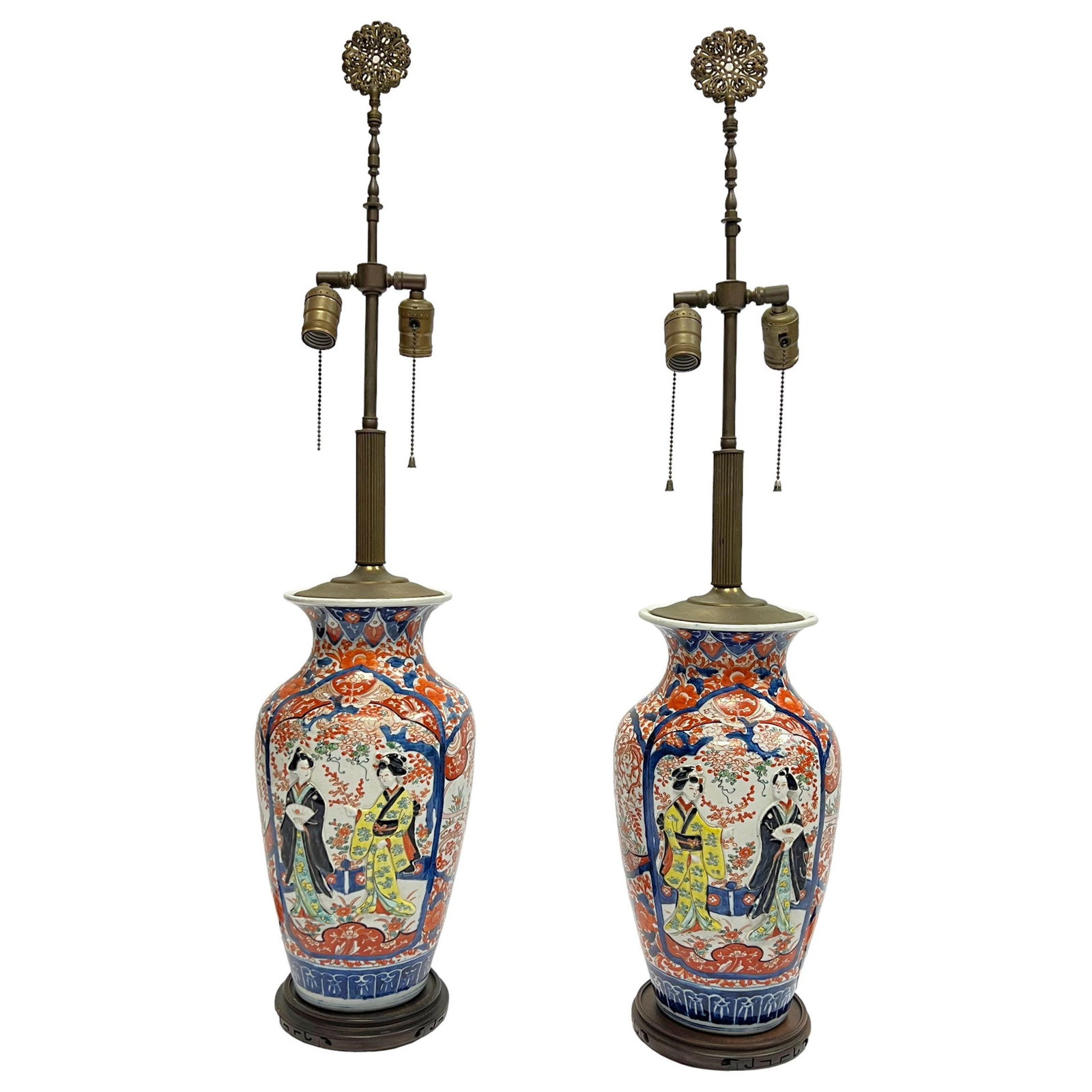 Set of 2 Japanese Imari Porcelain Vase Table Lamps Circa 1890: Set of 2 Japanese Imari Porcelain Vase Table Lamps Circa 1890 This pair of antique Japanese Imari porcelain vases from the late 19th century features raised figurative designs and has been later mount