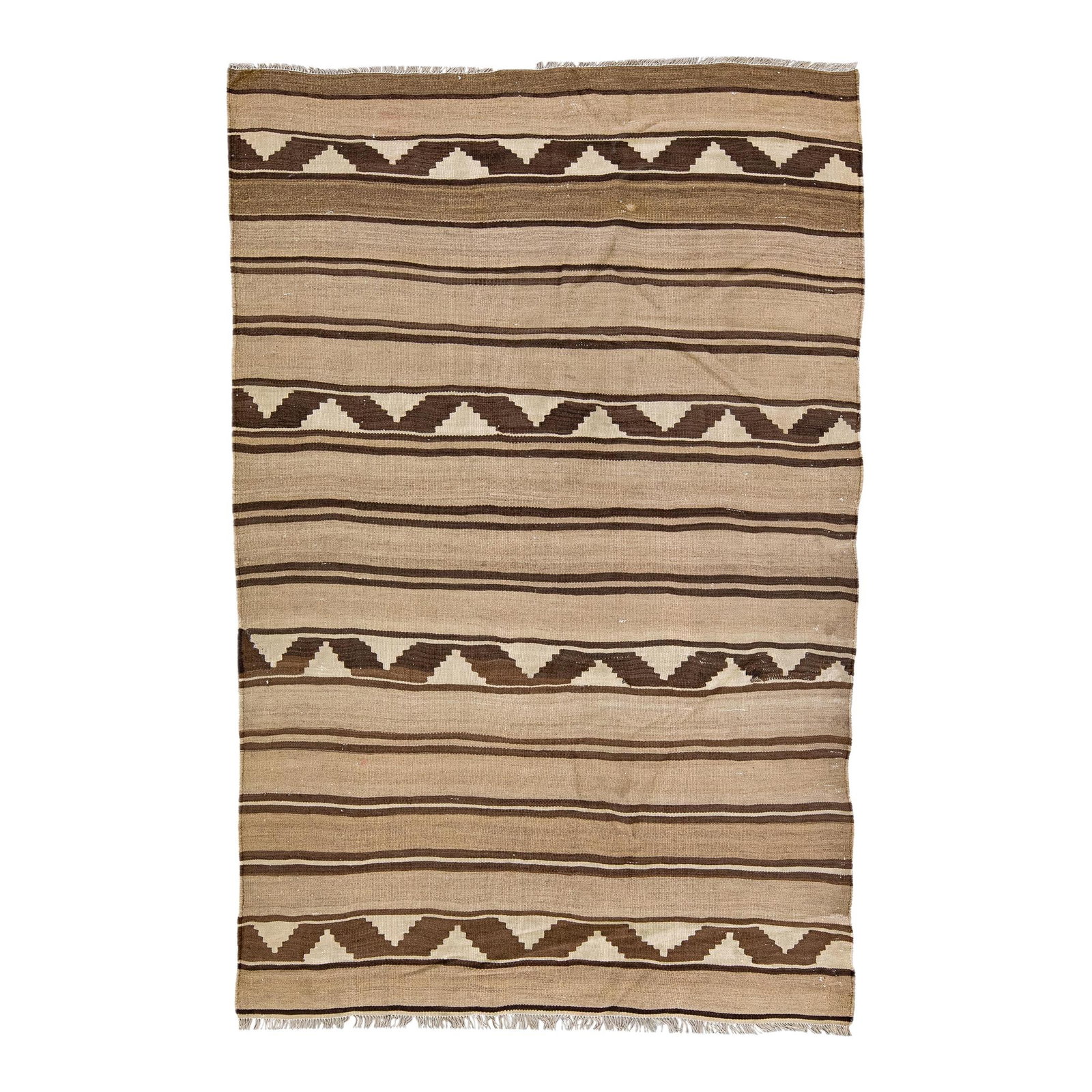 Vintage Kilim Handmade Wool Runner Brown Stripe Design 4'8 x 7'1: Vintage Kilim Handmade Wool Runner Brown Stripe Design 4'8 x 7'1 Elevate your decor with this stunning vintage kilim handmade wool runner. Featuring a rich brown field adorned with beautiful beige and