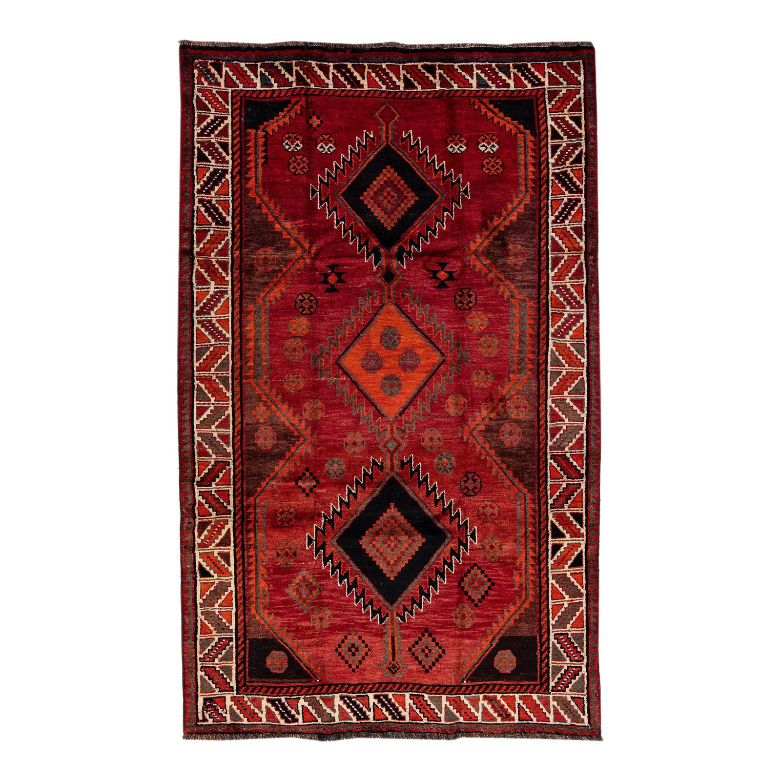 Vintage Persian Hand-Knotted Red Wool Rug 5'5" x 9'1" Geometric Design: Vintage Persian Hand-Knotted Red Wool Rug 5'5" x 9'1" Geometric Design This stunning vintage Persian rug features a beautiful hand-knotted wool construction with a vibrant red field. The design showca