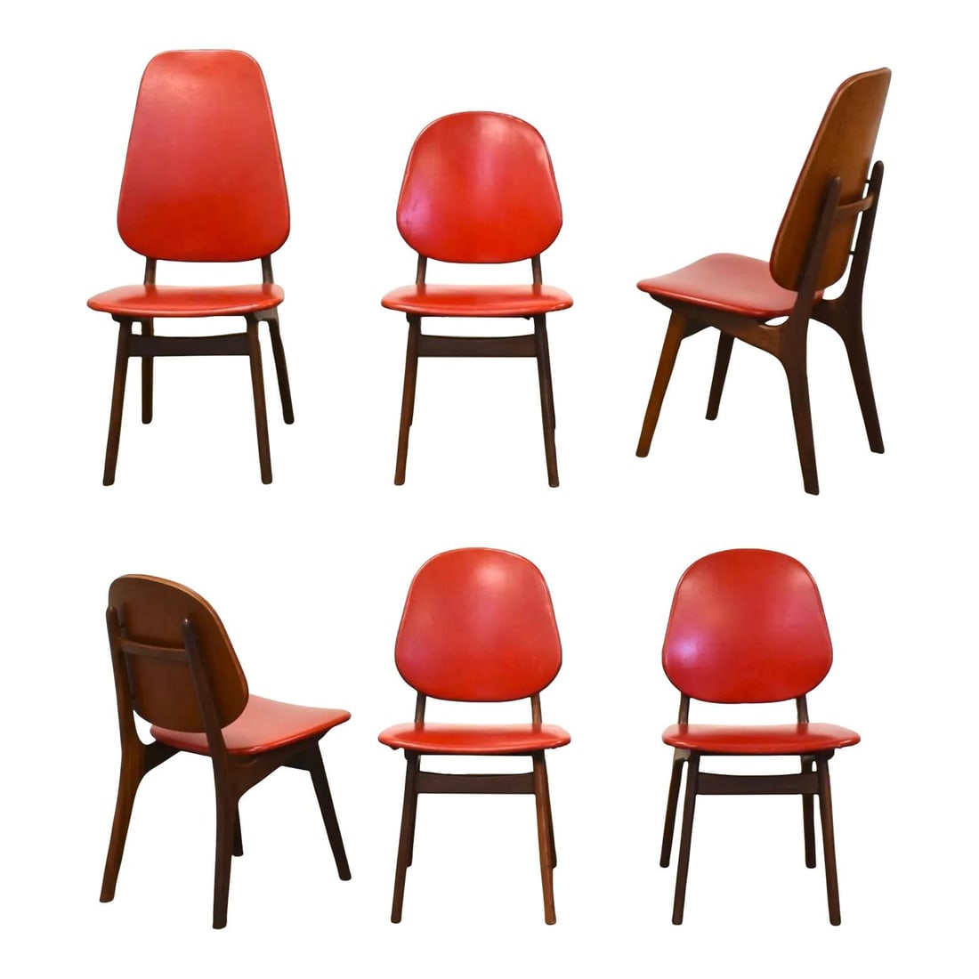 Mid Century Modern Teak Dining Chairs by Arne Hovmand Olsen Set of 6 Red Vinyl: Mid Century Modern Teak Dining Chairs by Arne Hovmand Olsen Set of 6 Red Vinyl This exquisite set of six mid-century modern dining chairs showcases the timeless design of Arne Hovmand Olsen. Crafted f