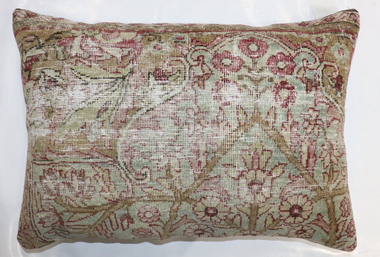19th Century Persian Kerman Rug Pillow 1' 4" x 1' 9": 19th Century Persian Kerman Rug Pillow 1' 4" x 1' 9" Decorative pillow made from a worn 19th-century Persian Kerman rug, featuring an intricate traditional pattern. Pre-owned condition. Specifications