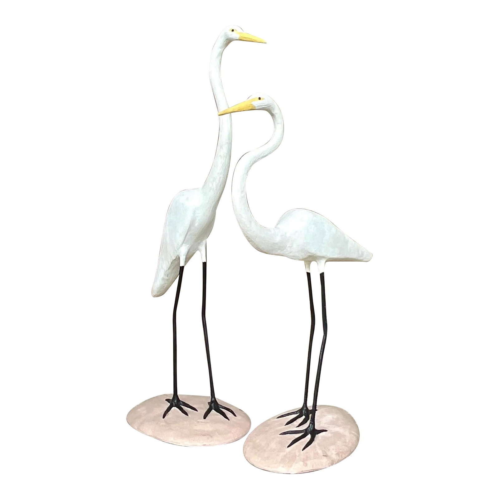 Pair of Hand Painted Vintage Concrete Coastal Crane Sculptures: Pair of Hand Painted Vintage Concrete Coastal Crane Sculptures This pair of vintage boho-style cranes features a coastal design with hand-painted details on sturdy concrete construction. Suitable for 