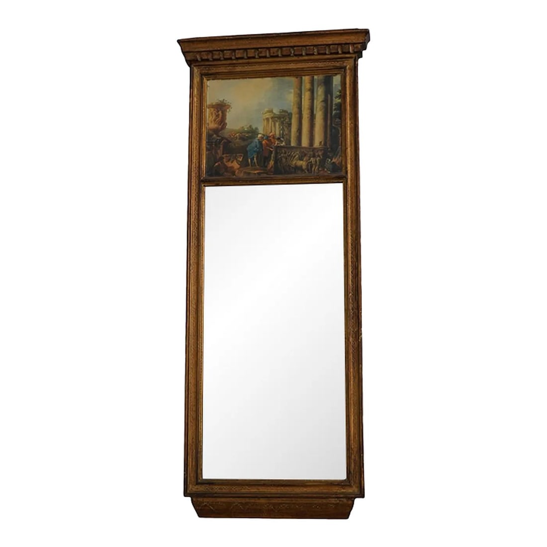 Elegant Italian Gold Frame Trumeau Mirror with Acid-Stained Glass: Elegant Italian Gold Frame Trumeau Mirror with Acid-Stained Glass This exquisite small Trumeau mirror features a stunning Italian gold frame with a beautifully decorated panel at the top. The mirror s