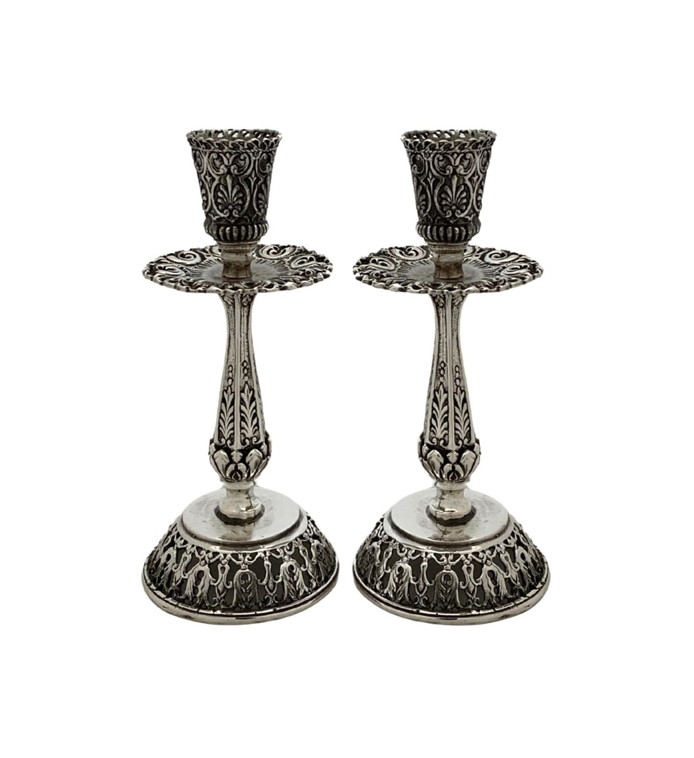 Italian 925 Sterling Silver Handmade Leaf Round Candlesticks Shiny Finish (1 of 3)