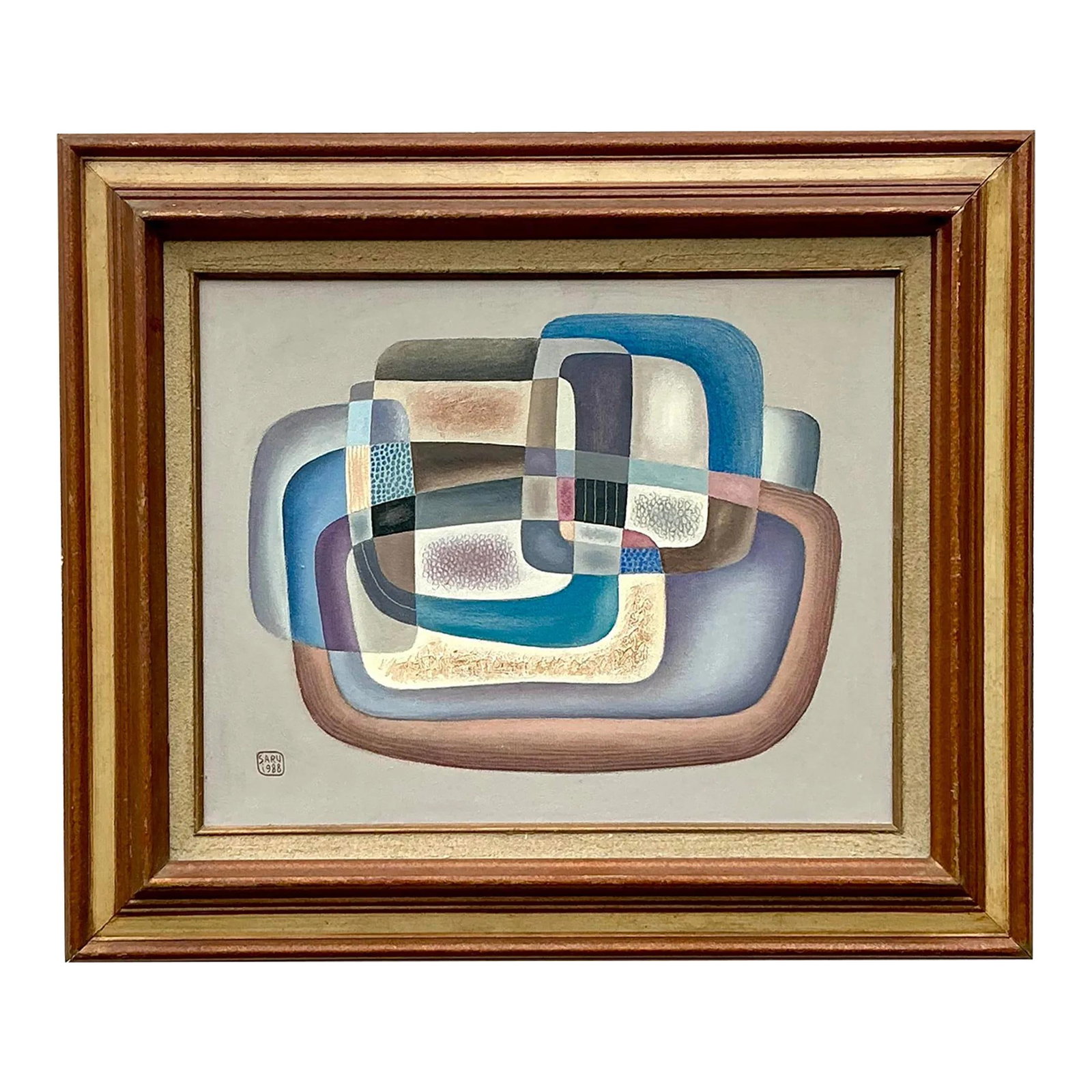 1988 Colorful Abstract Canvas Artwork with Bohemian Aesthetic: 1988 Colorful Abstract Canvas Artwork with Bohemian Aesthetic This vintage abstract painting from 1988 features vibrant colors and bold shapes, capturing a free-spirited, bohemian aesthetic. The artwo