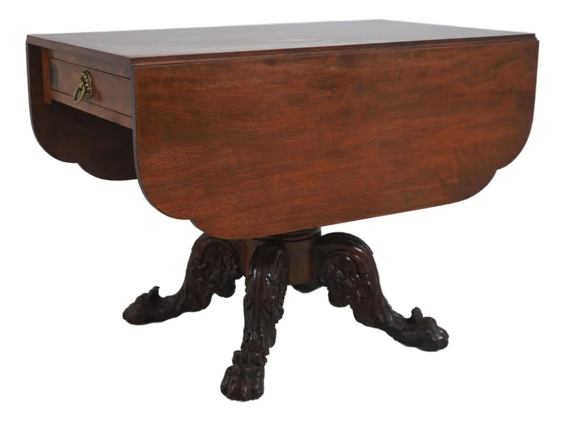 Mahogany Empire Drop-Leaf Table with Ball and Claw Feet circa 1820: Mahogany Empire Drop-Leaf Table with Ball and Claw Feet circa 1820 This American 19th century Empire style drop-leaf table features fine mahogany construction with traditional classical design element