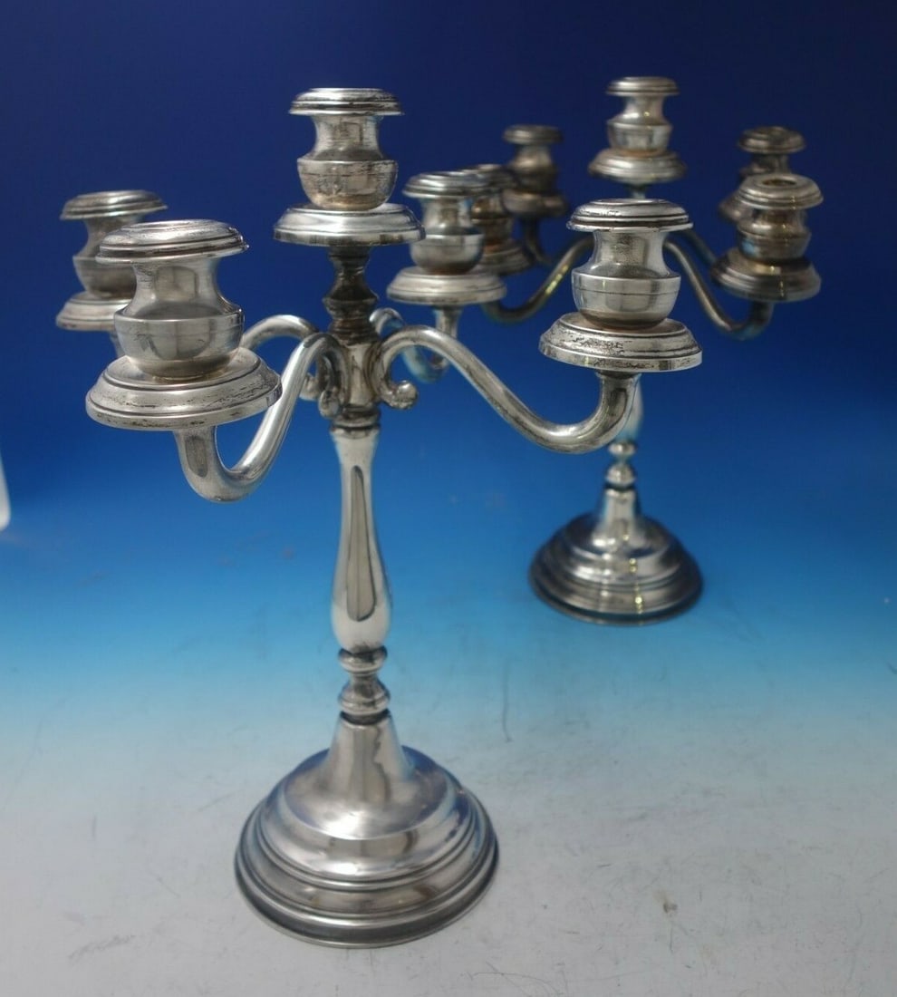 Italian Sterling Silver 5-Light Candelabra Pair c.1920 59.6oz: Italian Sterling Silver 5-Light Candelabra Pair c.1920 59.6oz This stunning pair of Italian sterling silver candelabras features a five-light design, perfect for adding elegance to any setting. Crafte