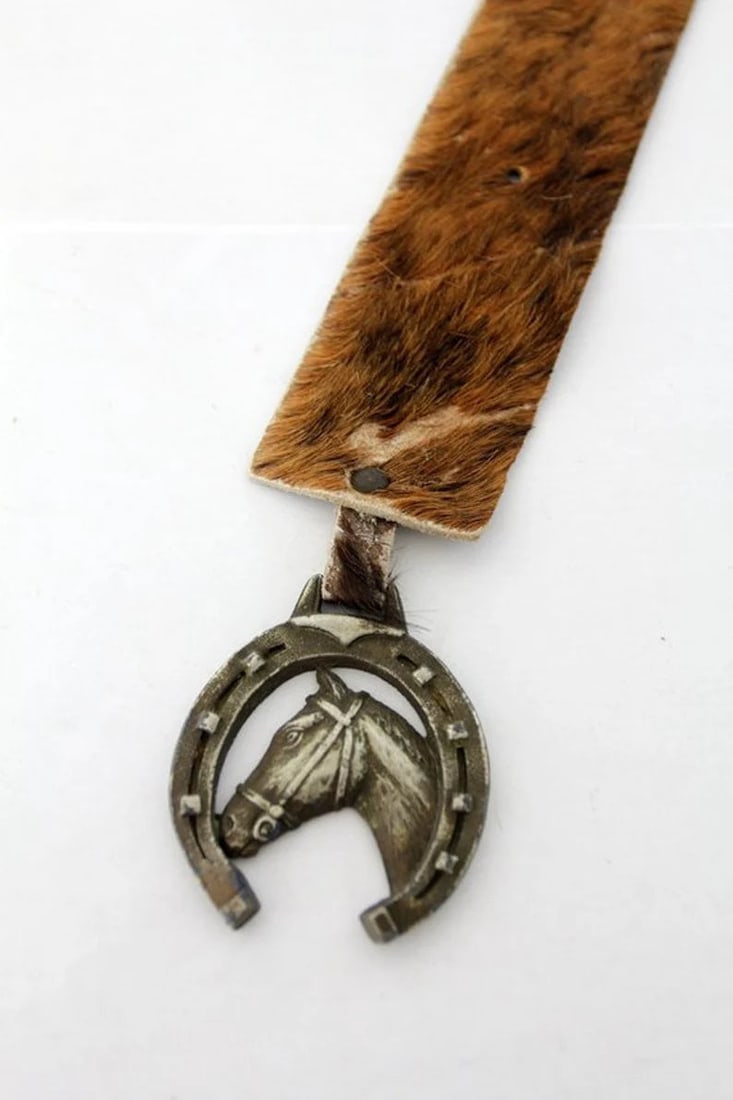 Vintage Equestrian Medallion Pony Skin Band 14.5 Inch: Vintage Equestrian Medallion Pony Skin Band 14.5 Inch This vintage pony skin band showcases elegant equestrian medallion fixtures, blending natural pony skin texture with detailed medallions for a cla