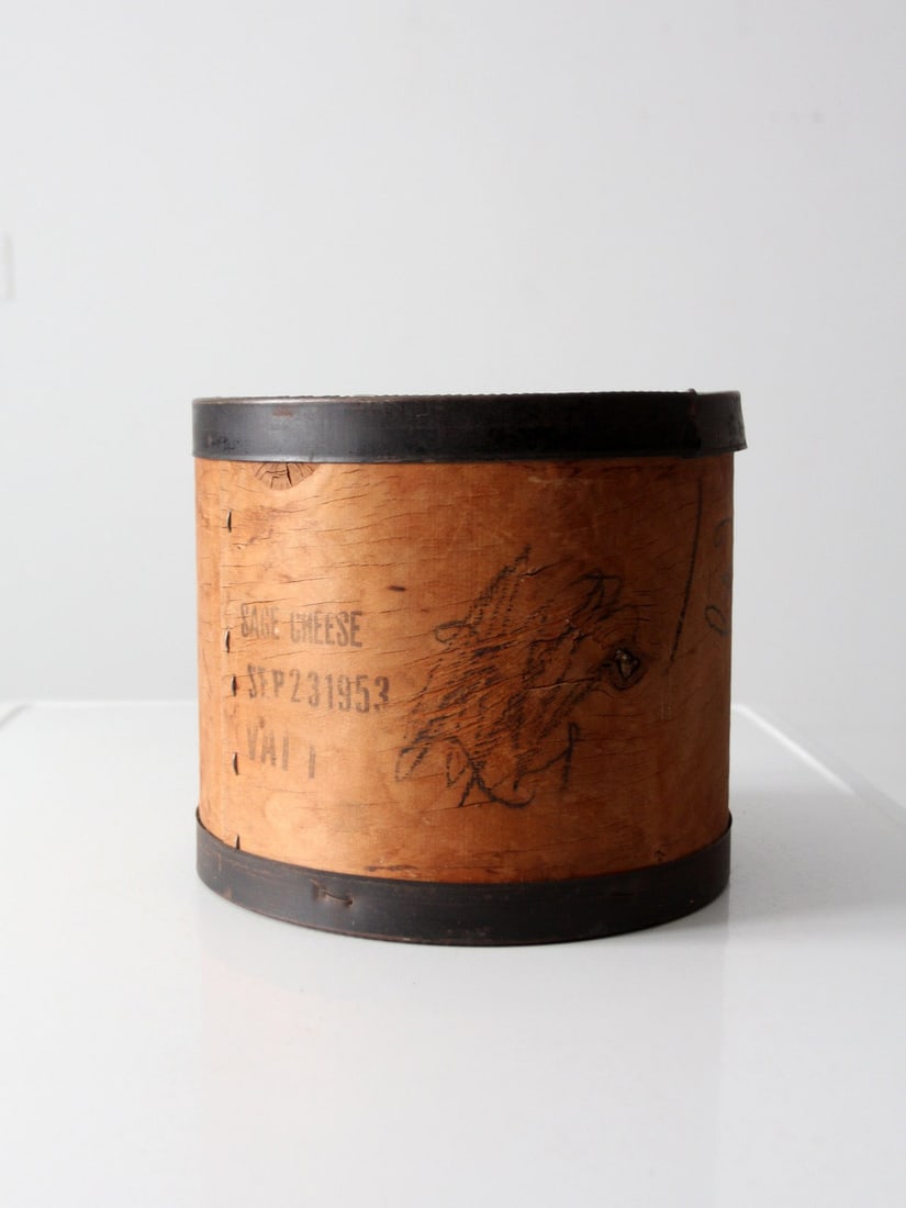 1953 Vintage Wooden Cheese Box with Metal Bands and Sage Cheese Stamps (1 of 11)