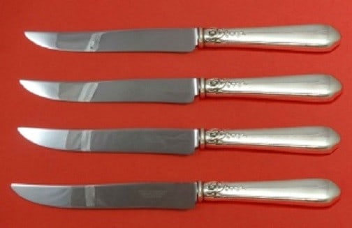 Lunt Nellie Custis Sterling Silver Steak Knife Set 4pc Custom 9.5in: Lunt Nellie Custis Sterling Silver Steak Knife Set 4pc Custom 9.5in This exquisite 4-piece steak knife set features the elegant Nellie Custis pattern by Lunt. Each knife is crafted from high-quality s