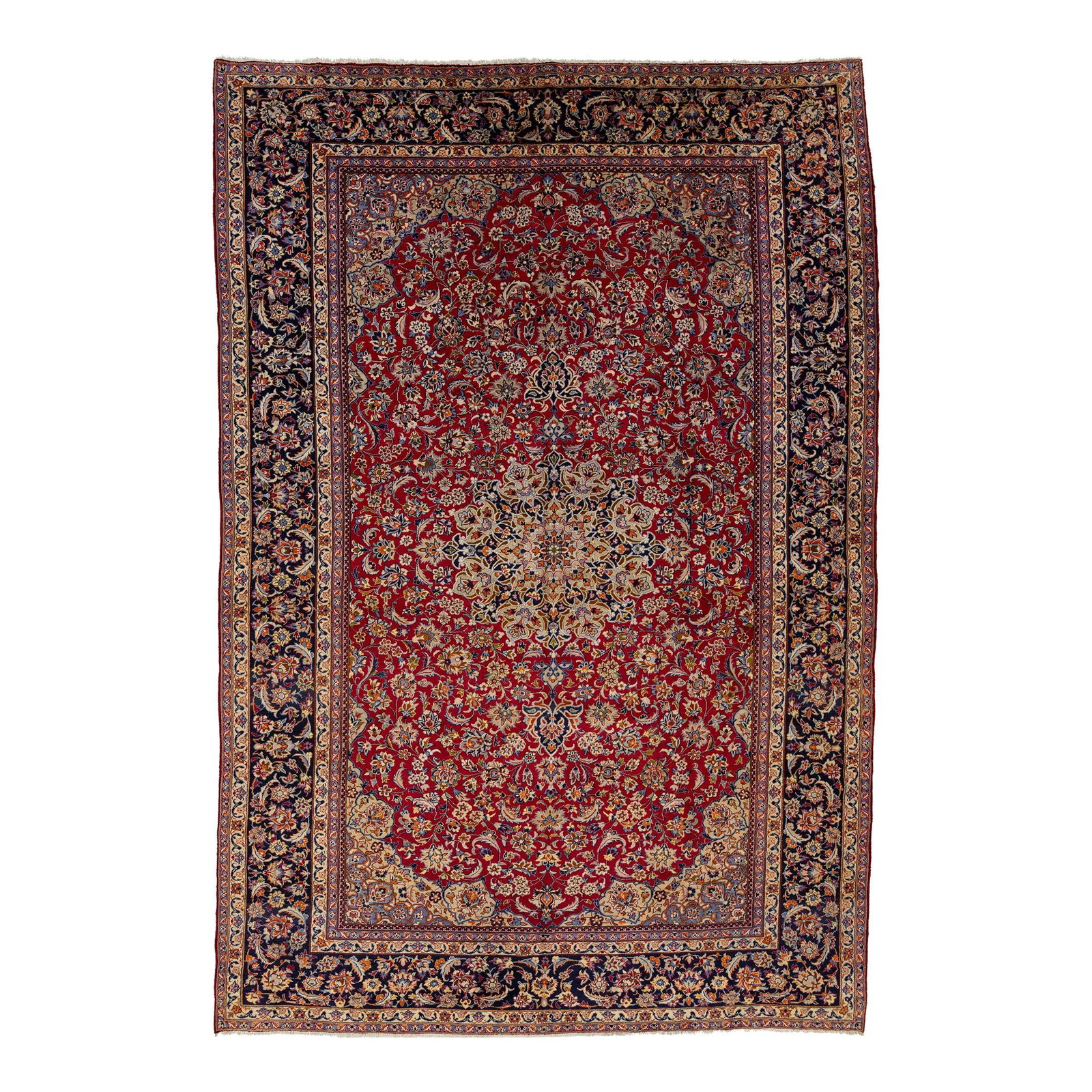Handmade Vintage Persian Kashan Wool Rug 10'10" x 16' Rosette Design: Handmade Vintage Persian Kashan Wool Rug 10'10" x 16' Rosette Design This exquisite hand-knotted Persian Kashan rug showcases a vibrant red field beautifully framed by a rich navy blue border. The int