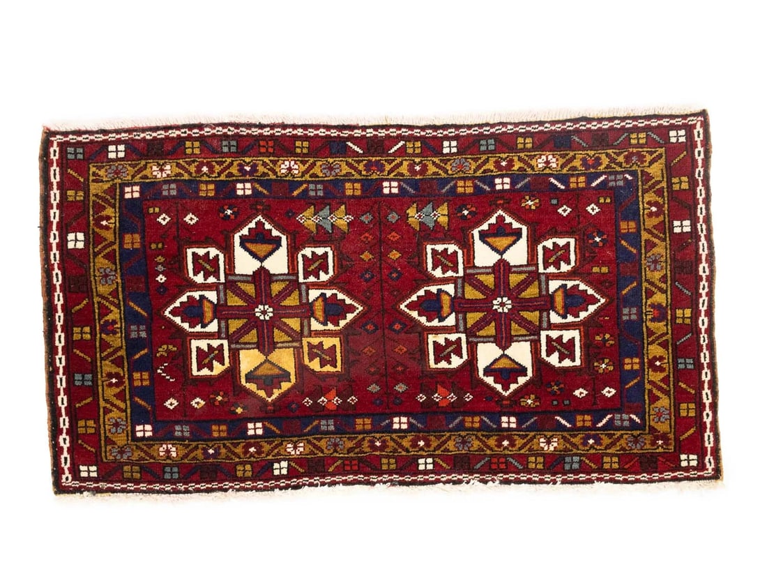 2x4 Wool Tribal Rug with Geometric Motif Hand-Knotted Vintage Style: 2x4 Wool Tribal Rug with Geometric Motif Hand-Knotted Vintage Style This hand-knotted farmhouse wool oriental rug features a tribal geometric design in a variety of colors, including red, purple-navy,