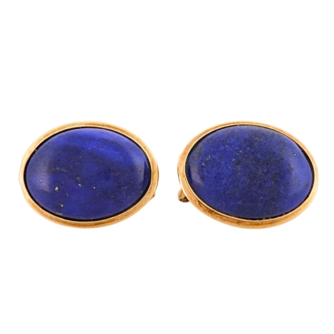 Vintage 14K Yellow Gold Lapis Lazuli Stud Earrings 18 x 13mm: Vintage 14K Yellow Gold Lapis Lazuli Stud Earrings 18 x 13mm Classic vintage stud earrings crafted in 14K yellow gold and set with natural blue lapis lazuli in an oval shape. This pair is fitted with 