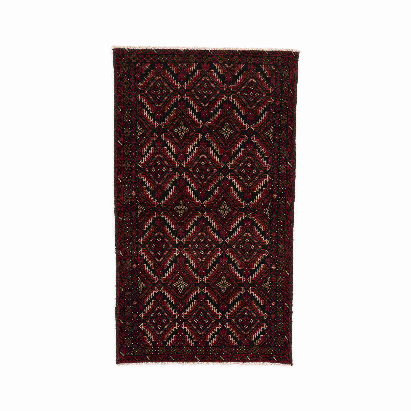 Handmade Beluch Wool Carpet 39.4 x 70.9 Geometric Design: Handmade Beluch Wool Carpet 39.4 x 70.9 Geometric Design Discover the beauty of this Authentic Handmade Beluch Carpet, meticulously crafted using premium wool on wool. Originating from the Beluch regi