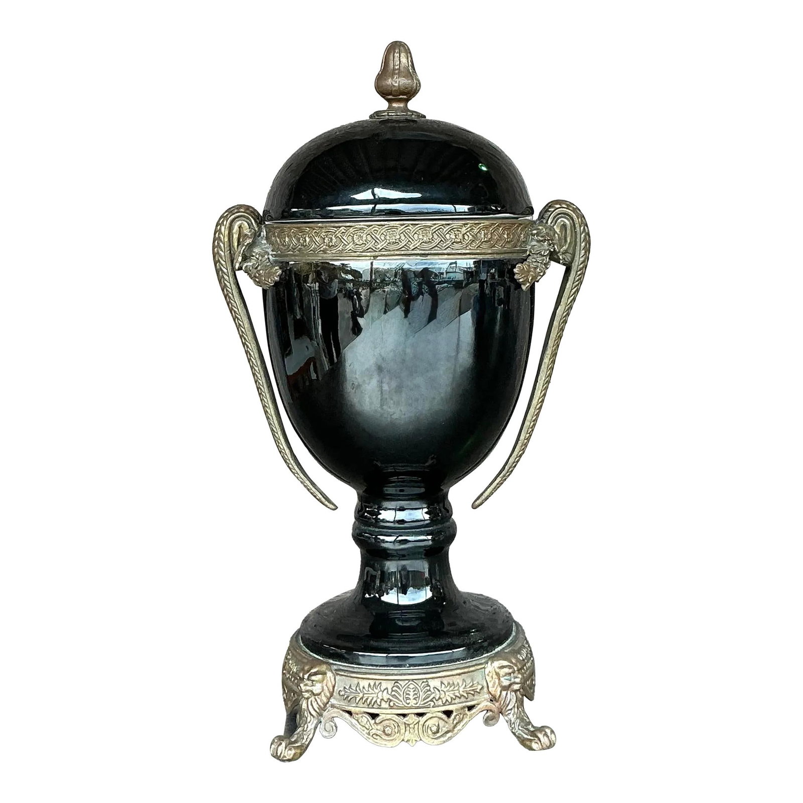 Vintage Grand Tour Black Ceramic Lidded Urn with Brass Accents: Vintage Grand Tour Black Ceramic Lidded Urn with Brass Accents Elevate your decor with this stunning vintage lidded urn, a Grand Tour-style piece that seamlessly combines classical elegance with intri