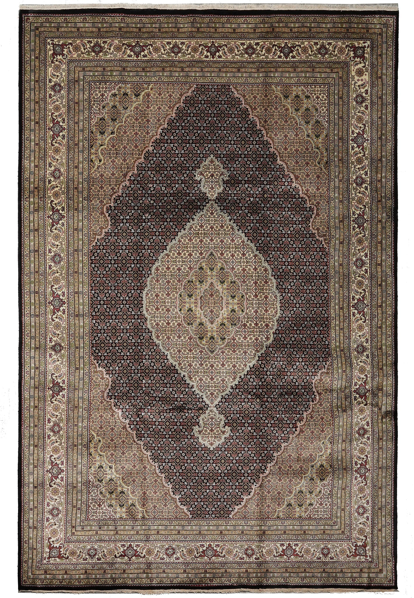 8 x 11.8 Tabriz Mahi Fancy Wool and Silk Rug: 8 x 11.8 Tabriz Mahi Fancy Wool and Silk Rug Free continental US Shipping Dense and lustrous Tabriz Mahi fancy rug crafted from wool and silk. This un-used rug offers a refined traditional design and 