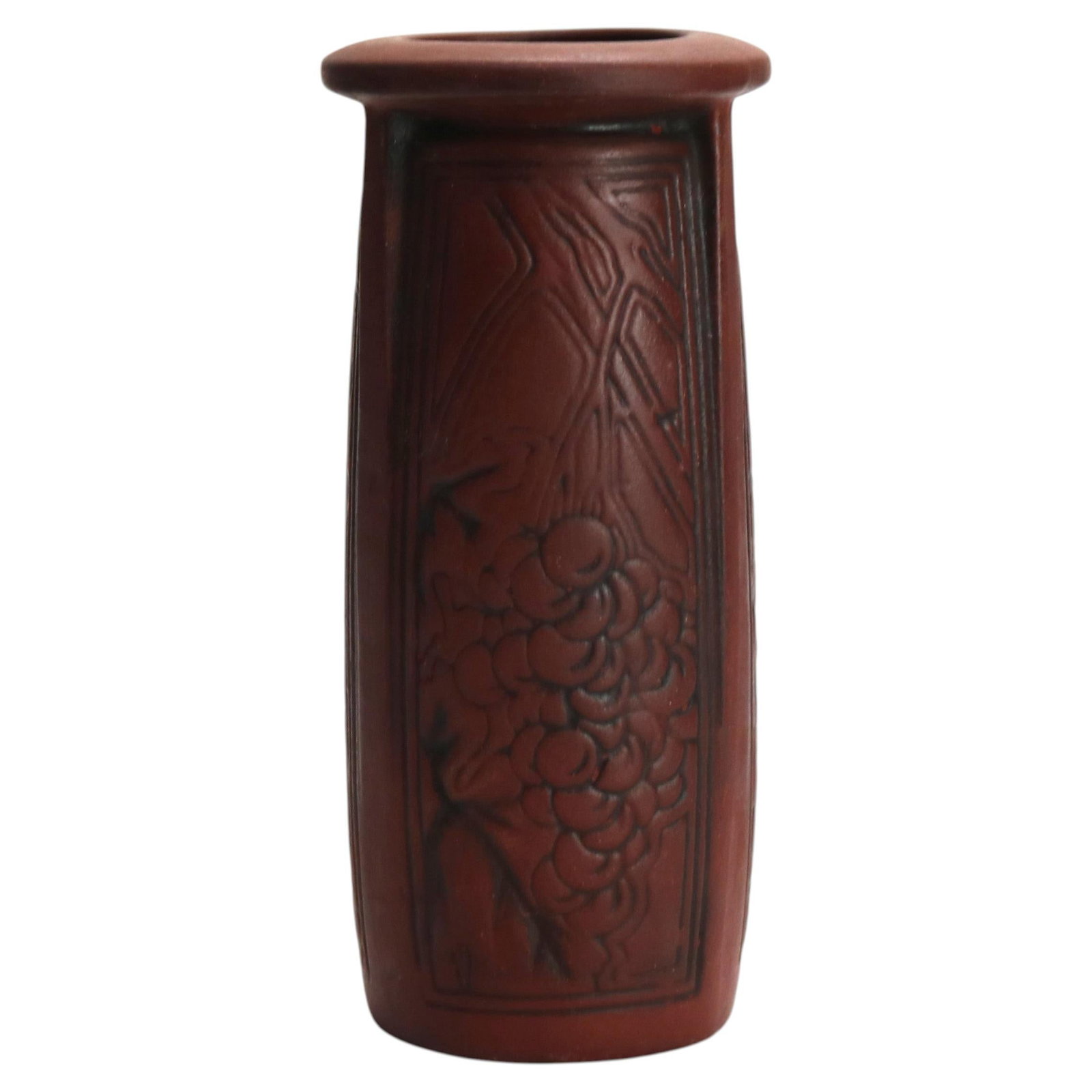 Embossed Redware Pottery Vase with Grape Leaf Panels c1920 (1 of 9)