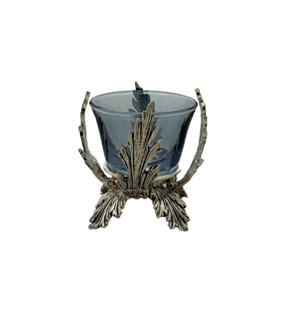 Italian 925 Sterling Silver Salt Cellar with Blue Glass Leaf Design (1 of 3)