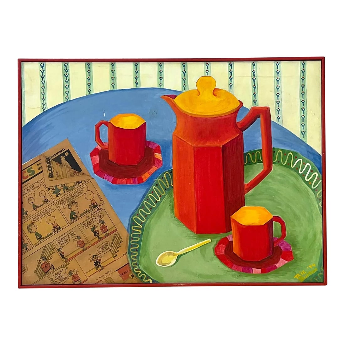 Vintage Boho Mixed Media Coffee Service Canvas Art 33.25 x 24.75: Vintage Boho Mixed Media Coffee Service Canvas Art 33.25 x 24.75 Elevate your decor with this Vintage Boho Mixed Media Coffee Service Still Life on Canvas. This striking artwork features a blend of te