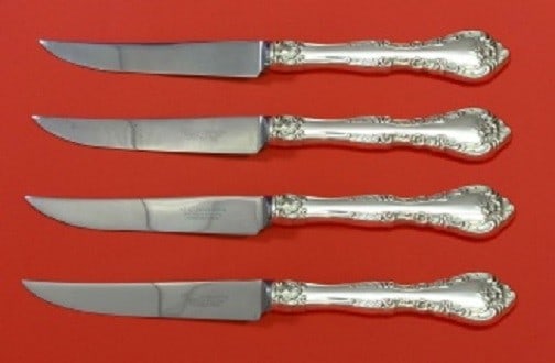 Gorham Alencon Lace Sterling Silver Steak Knife Set 4pc: Gorham Alencon Lace Sterling Silver Steak Knife Set 4pc Enhance your dining experience with this exquisite 4-piece steak knife set from Gorham, featuring the elegant Alencon Lace pattern. Made from cu