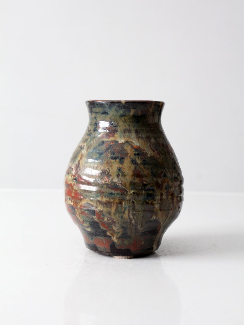 Signed Hand Thrown Studio Pottery Baluster Vase 7.25 inch: Signed Hand Thrown Studio Pottery Baluster Vase 7.25 inch Vintage handmade studio pottery vase with a rounded baluster form and a richly layered glaze in rust, olive, charcoal, and cream. The surface 