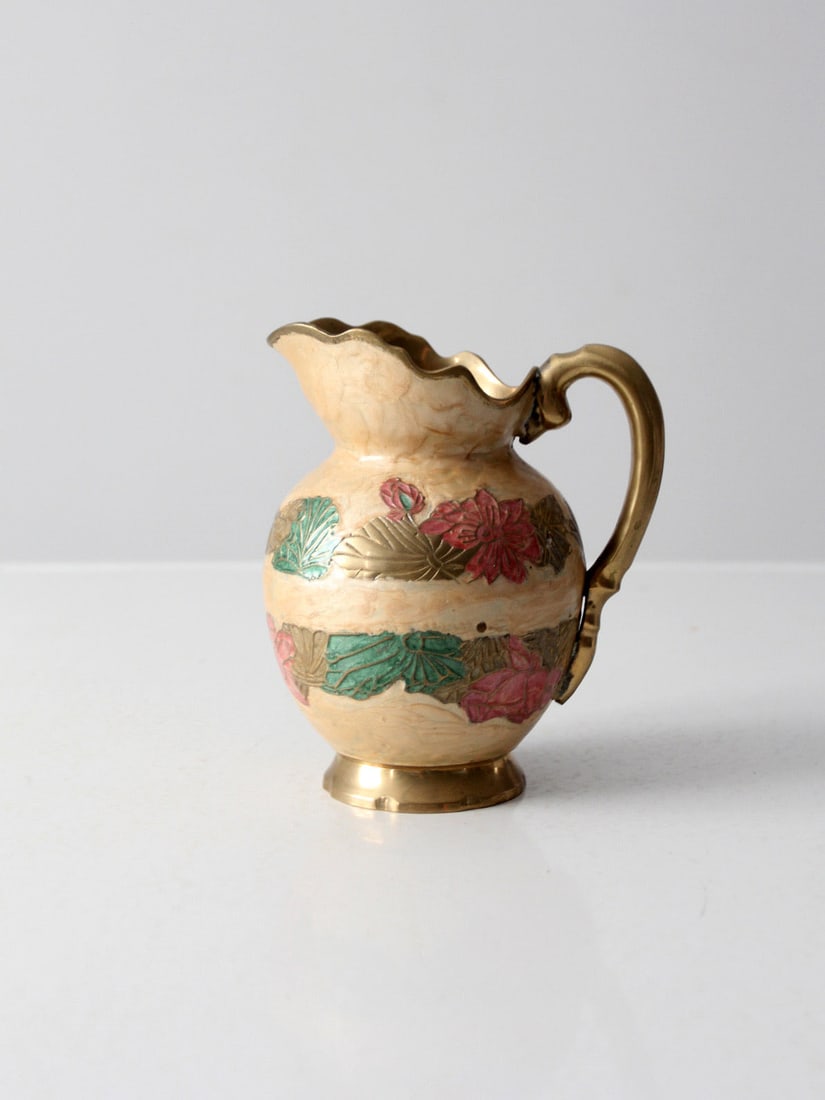 Antique Cloisonne Floral Brass Pitcher 7.25 Inches Tall: Antique Cloisonne Floral Brass Pitcher 7.25 Inches Tall This vintage cloisonne pitcher, dating back to the early 20th century, showcases a beautifully crafted brass ewer adorned with a vibrant floral 