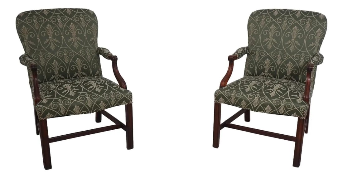 Set of 2 Green Mahogany Chippendale Style Armchairs with New Upholstery: Set of 2 Green Mahogany Chippendale Style Armchairs with New Upholstery This pair of Southwood Chippendale armchairs features a classic 18th-century inspired design with a solid mahogany finish. Each 