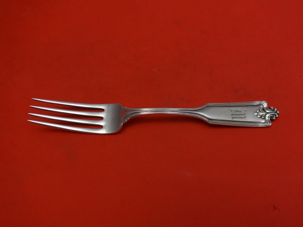 Mount Vernon George Washington sterling silver dinner fork 7 5/8: Mount Vernon George Washington sterling silver dinner fork 7 5/8 Sterling silver dinner fork in the George Washington pattern by Mount Vernon. It is monogrammed, with monos varying, and is in excellen