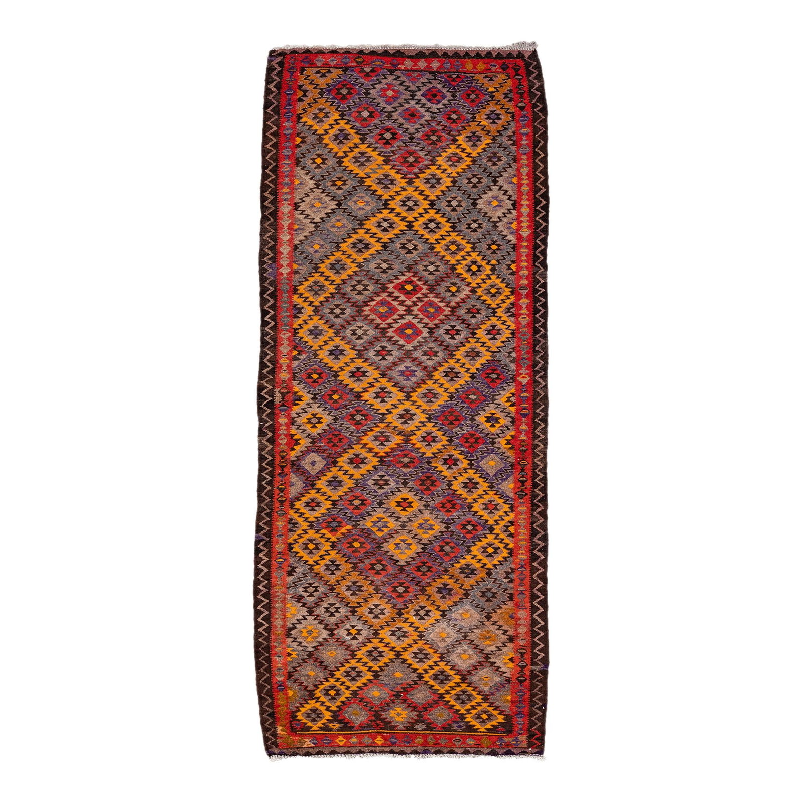 Vintage Kilim Handmade Wool Runner Red Geometric Design 3'7" x 9'2": Vintage Kilim Handmade Wool Runner Red Geometric Design 3'7" x 9'2" Enhance your space with this stunning vintage Kilim handmade wool runner, featuring a vibrant red field adorned with an exquisite al