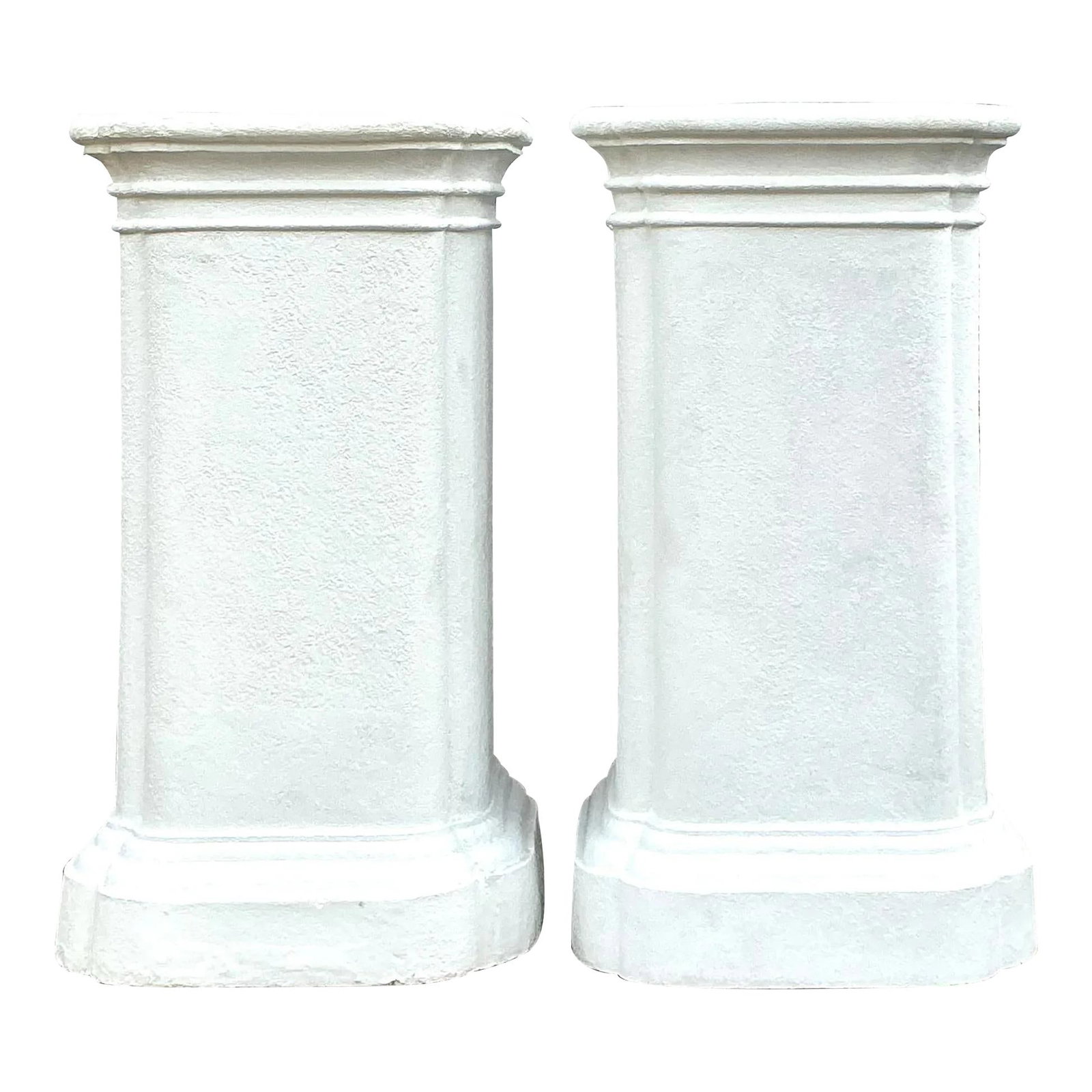 Elegant Vintage Regency Pedestal Pair Plaster Fiberglass White 43.5": Elegant Vintage Regency Pedestal Pair Plaster Fiberglass White 43.5" Enhance your space with this exquisite pair of vintage Regency pedestals, designed to make a bold statement. These monumental pedes